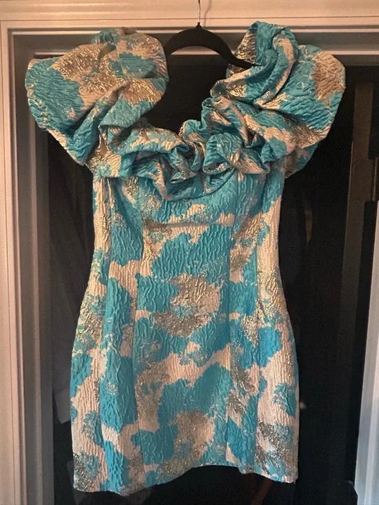 Turquoise and Gold Ruffle-Trim Mini Dress - Picture 1 of 3